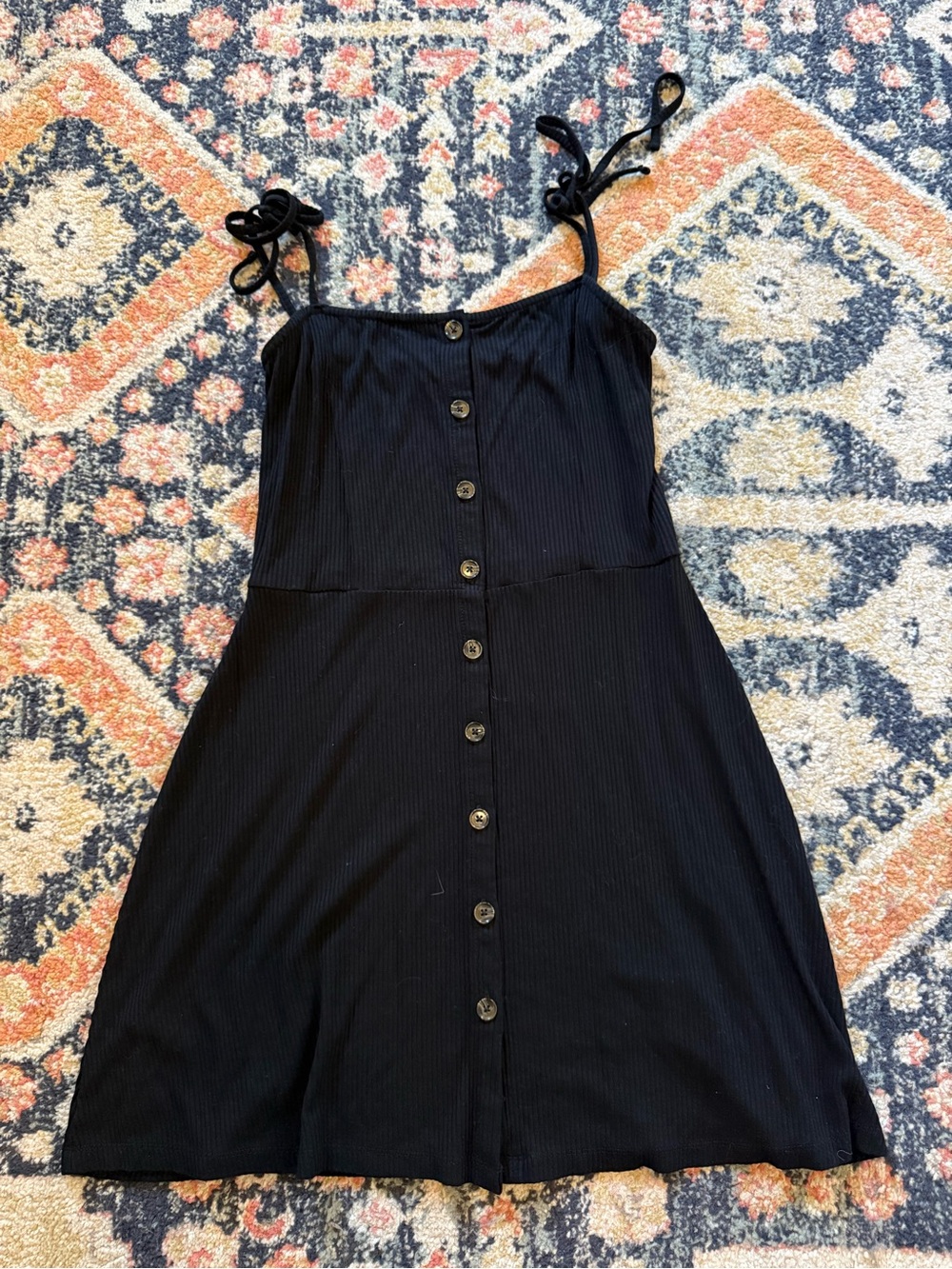 Topshop Black Ribbed Button-Front Tie-Shoulder Mini Dress